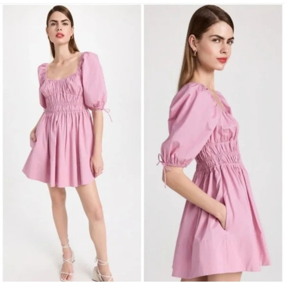 STAUD Mini Faye Dress Womens L Pink Square Neck Smocked Puff Sleeve Mini Ruffle
